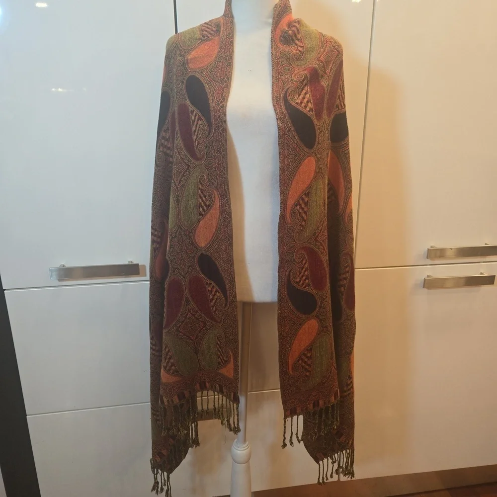 Cashmere Silk Pashmina Fringe Oversized Paisely Burgungdy Brown Scarf Shawl
